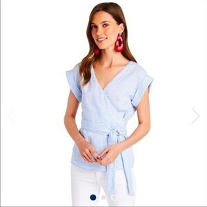 Vineyard Vines Small Blue White Striped 100% Linen Short Sleeve Wrap‎ Blouse